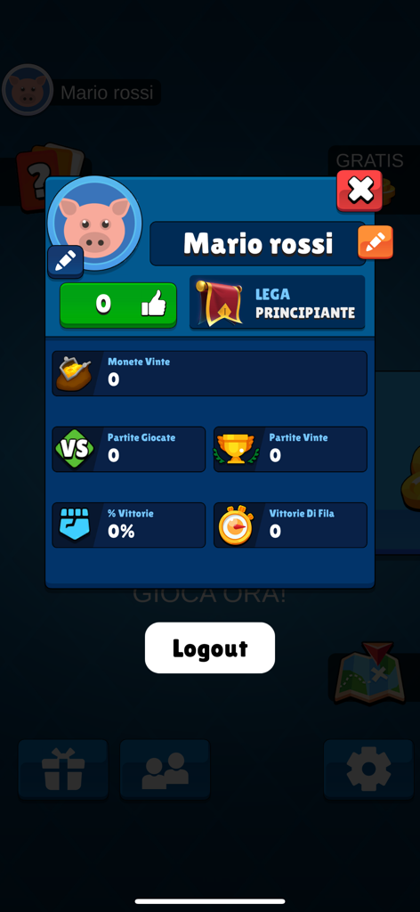 Schermata del profilo utente nell'app del gioco di carte Tressette che mostra statistiche del giocatore e stato nella lega principianti.