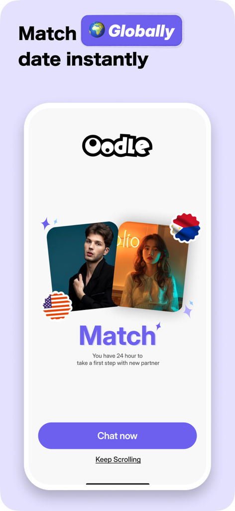 Oodle dating app screen showing a cross-cultural match between users from the USA and Philippines with a chat now button