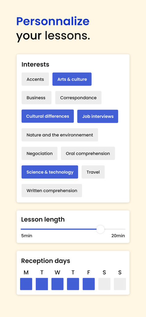 Frantastique - Interfaz que muestra opciones para personalizar lecciones de francés, incluyendo intereses, duración de la lección y días de recepción.