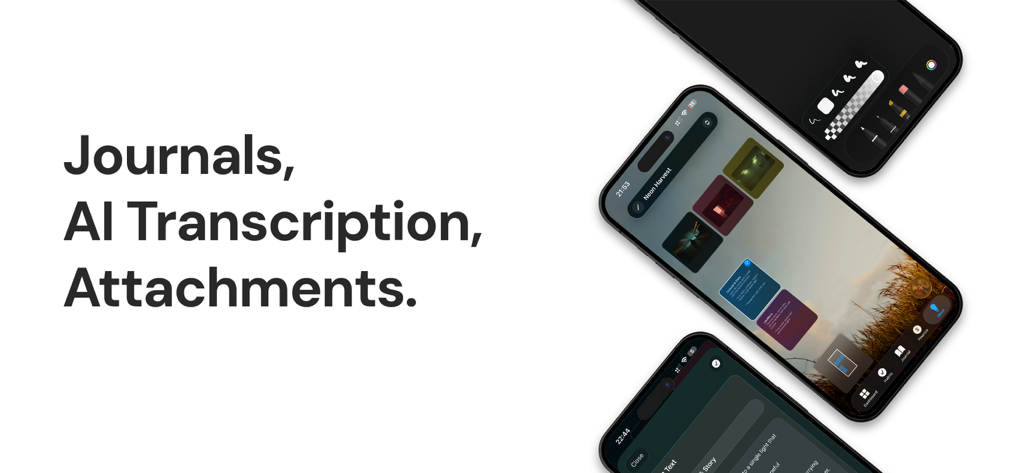 Xified Personal Dashboard - Xified app interface showing journal entries with AI transcription and media attachments on iPhone screens