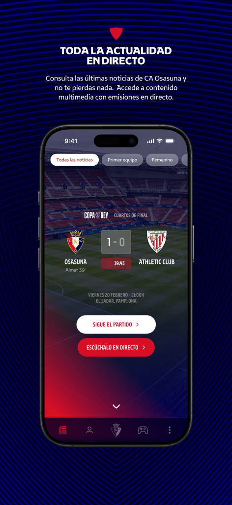 Osasuna Official App - 실시간 경기 점수와 라디오 해설 옵션을 표시하는 오사수나 공식 앱