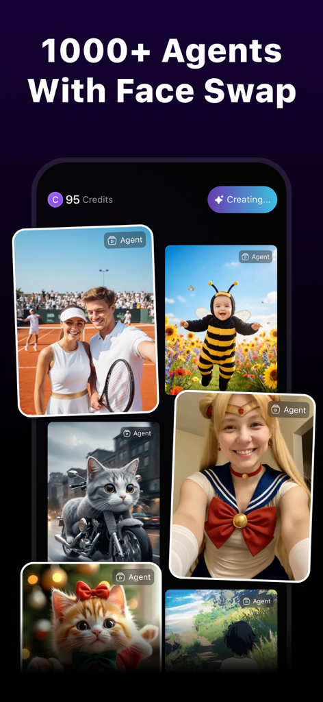 Mediamax App-Oberfläche mit verschiedenen KI-Agenten-Vorlagen für Face Swapping, einschließlich Kostümen und animierten Charakteren