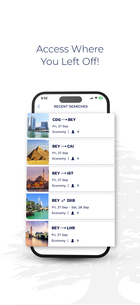 Middle East Airlines - MEA - Middle East Airlines app recent flight searches screen