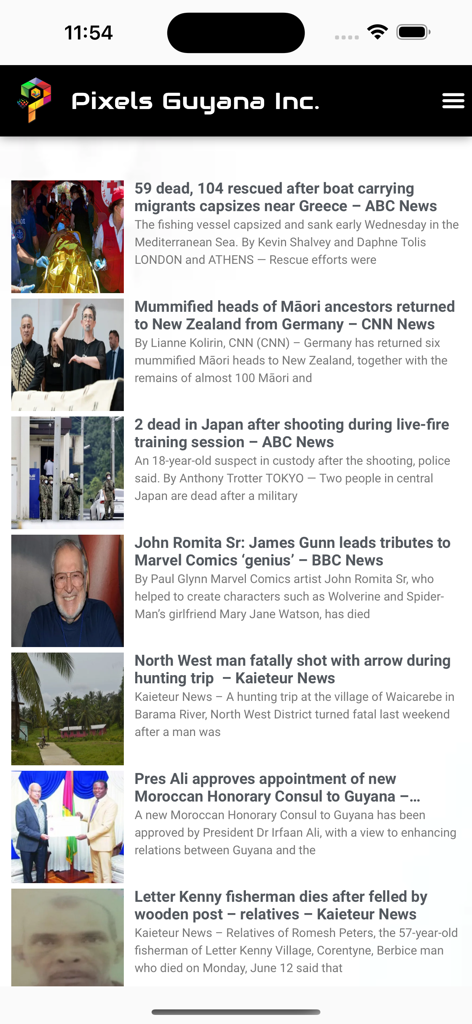 Screenshot of the Pixels Guyana Inc. app news feed showing local and international news headlines