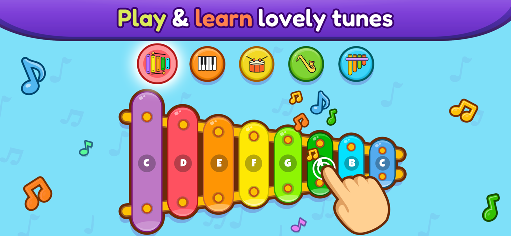 Baby Piano, Drums, Xylo & more - Toddler playing a colorful rainbow xylophone in a music education app