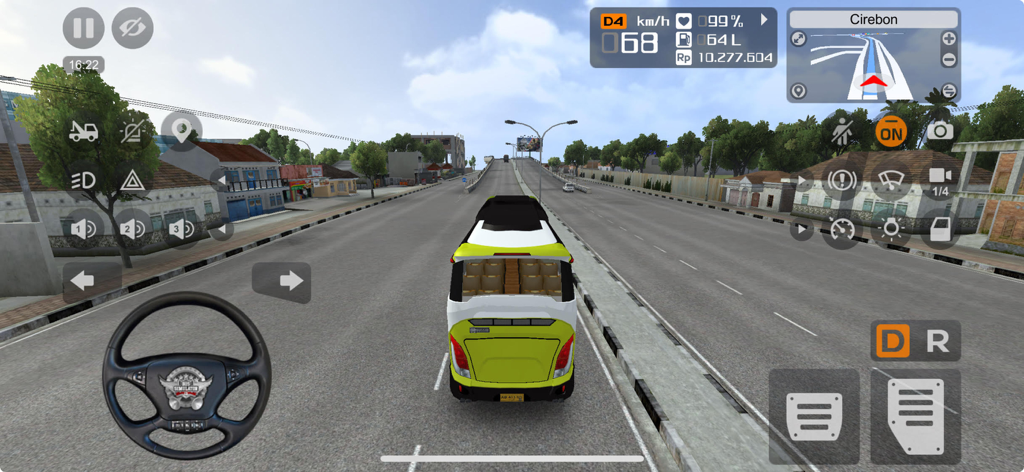 Gameplay view of a yellow bus driving in Bus Simulator Indonesia with on screen controls and GPS