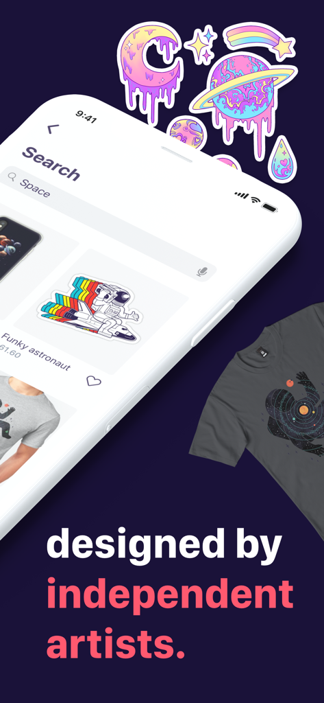 Interface de l'application Redbubble présentant des stickers et des vêtements sur le thème de l'espace conçus par des artistes indépendants