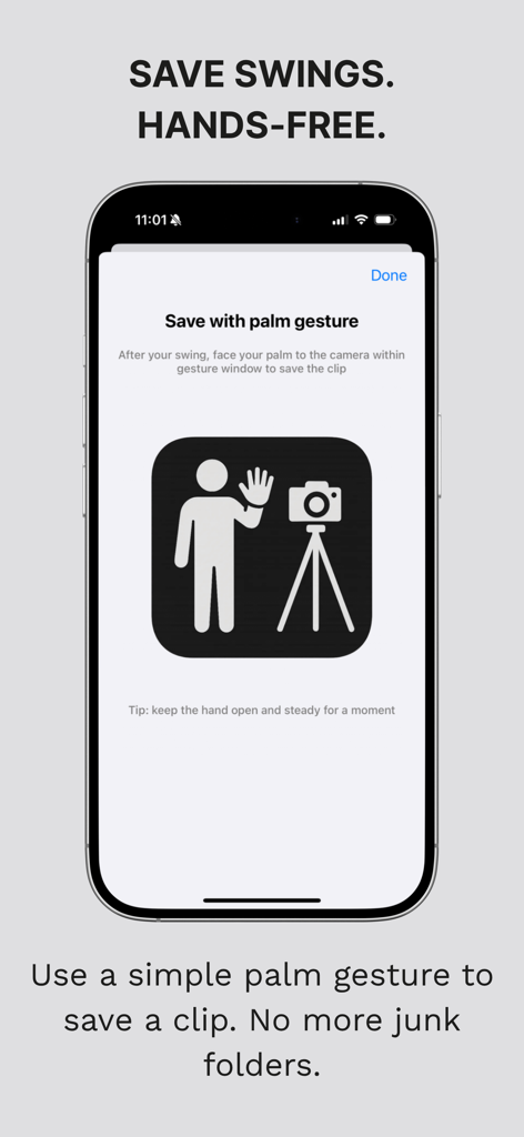 Mirror Vision golf coaching app showing hands-free swing recording with a palm gesture