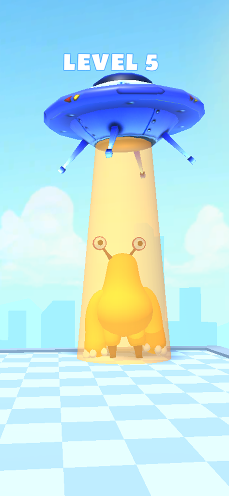 Hypnotise Master 3D - Hypnotise Master 3D gameplay showing a yellow monster being beamed up by a blue UFO on level 5