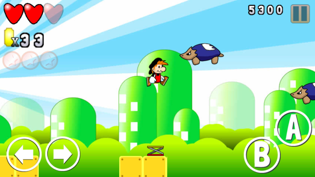 لعبة مغامرات البطل مجانا - A 2D platformer gameplay screen showing a character jumping in a green landscape with on-screen game controls.