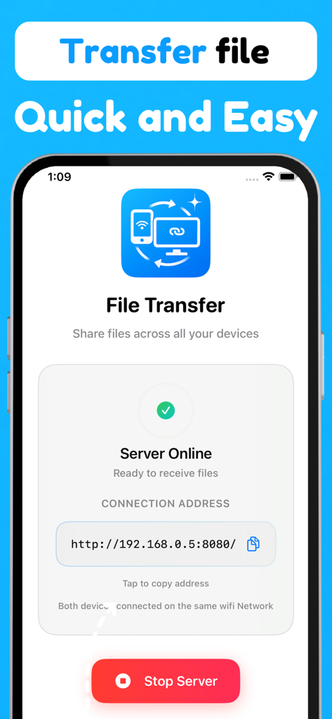 Offline Files Share - FlowSend - Interfaz de la aplicación FlowSend mostrando un estado del servidor en línea para una transferencia de archivos sin conexión rápida y fácil entre el teléfono y la PC