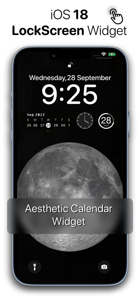 Calendar Widget - Date Widgets - iOS 18 lock screen displaying an aesthetic calendar widget and moon wallpaper