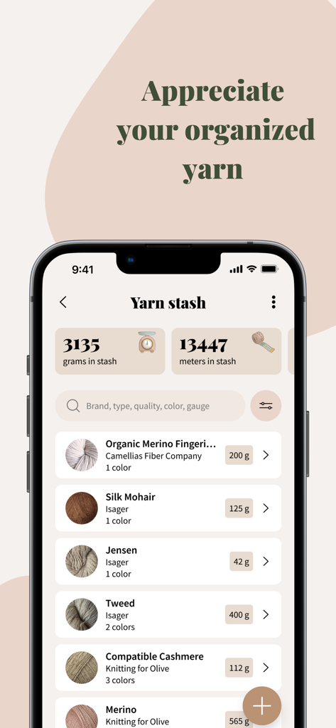 Knitandnote: Knitting App - Knitandnote app yarn stash interface showing an organized list of knitting yarn inventory with weights and brands.