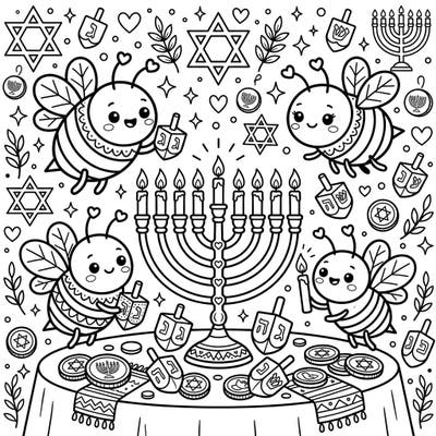 Get ready for a heartwarming Hanukkah celebration with our cute kawaii bee coloring page. Featuring festive symbols and charming characters, it's perfect for spreading holiday cheer.