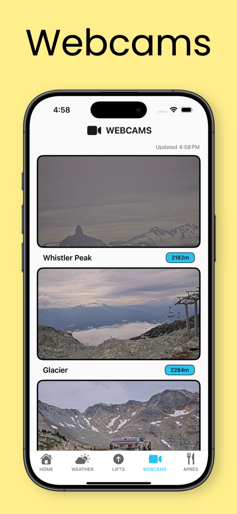 Gorby Gap app displaying live mountain webcams for Whistler Peak and Glacier
