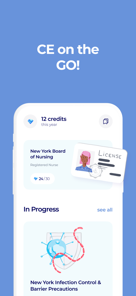 New York Infection Control CE - Dashboard of the New York Infection Control CE app showing nursing license credits and in progress courses