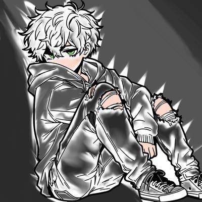 a male hoddie ripped jeans messy hair anime