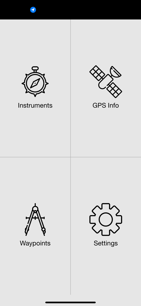 Menu principale dell'app Navigation Marine PRO che mostra strumenti, informazioni GPS, waypoint e icone delle impostazioni