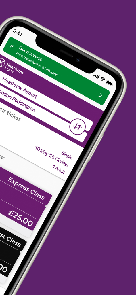 Heathrow Express mobile app interface showing ticket booking options and live train status for airport travel