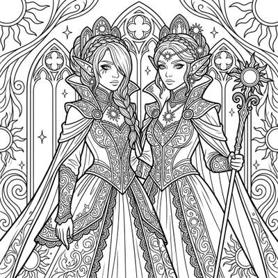 Discover a stunning coloring page of two elegant Sun Elves, beautifully rendered in a captivating Gothic style. Perfect for kids aged 4-8, this design features intricate details and a magical atmosphere.