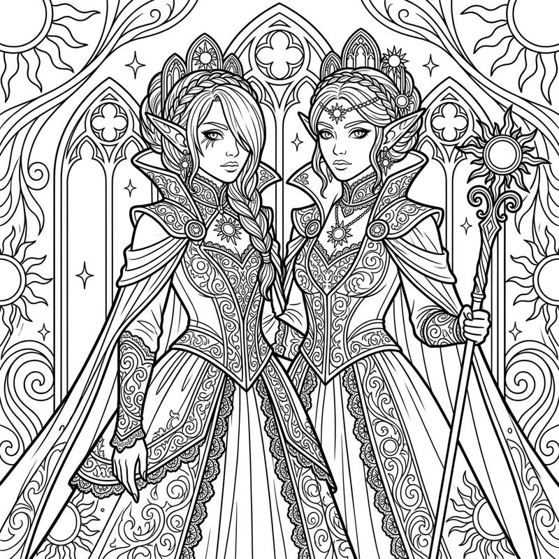 Discover a stunning coloring page of two elegant Sun Elves, beautifully rendered in a captivating Gothic style. Perfect for kids aged 4-8, this design features intricate details and a magical atmosphere.