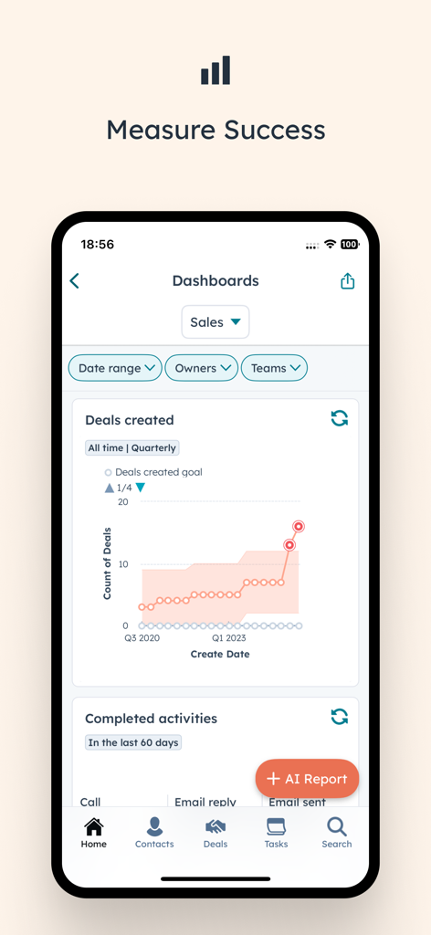 HubSpot mobile app sales dashboard showing deals created chart and AI report button