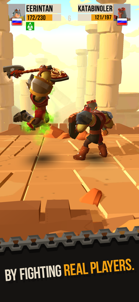 Two knights fighting in a PvP duel in a desert arena