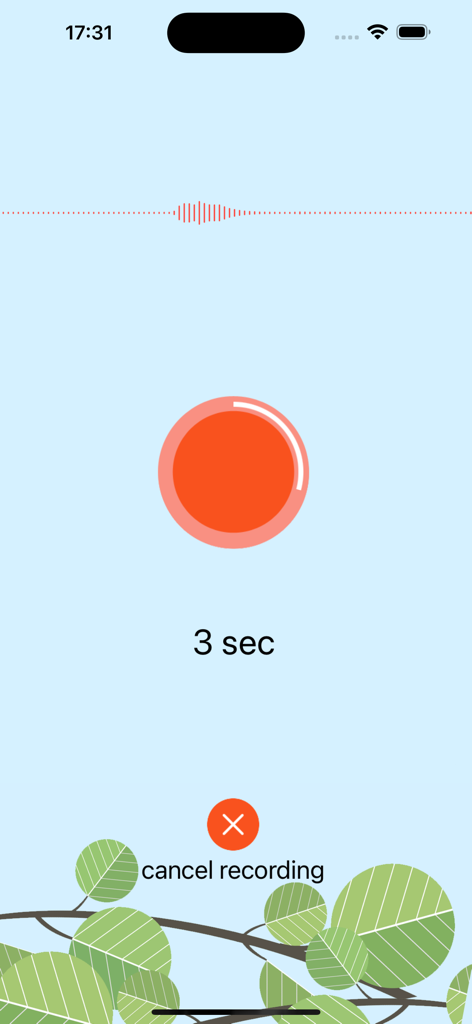 ChirpOMatic Caribbean - Interface of the ChirpOMatic Caribbean app showing a recording in progress with a 3 second timer and a large red button
