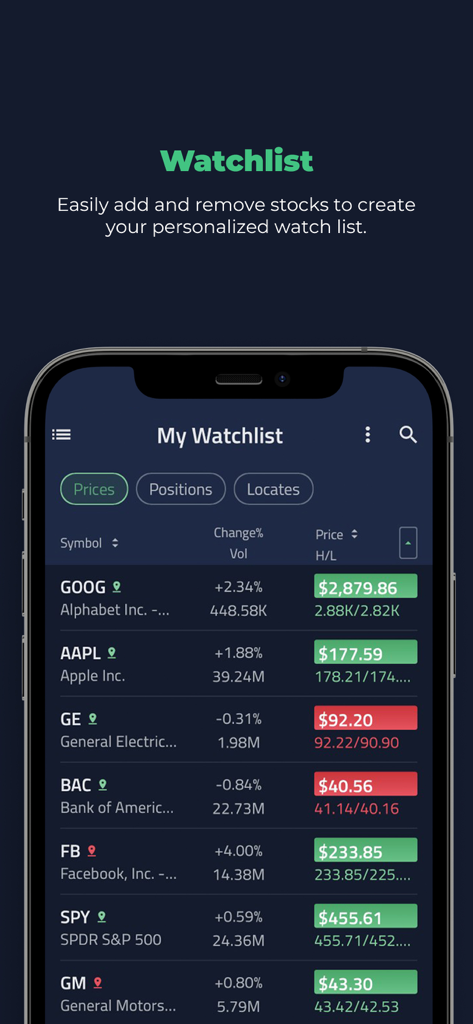 TradeZero - Interface de l'application TradeZero affichant une liste de surveillance personnalisée d'actions avec des changements de prix et des données de volume en temps réel.