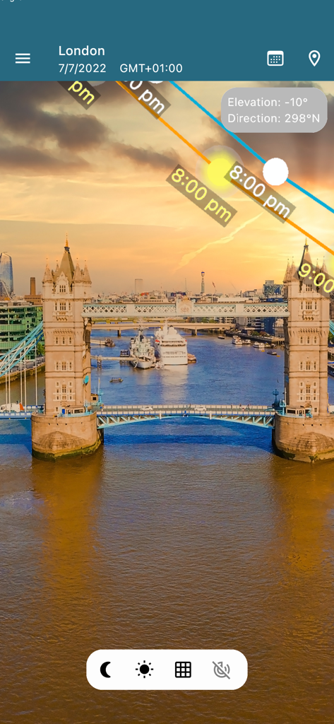 Sun Position Sunrise & Sunset - Augmented reality view showing sun and moon paths over Tower Bridge in London