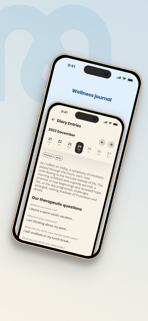 Mindspa - An iPhone displaying the Mindspa app wellness journal and therapeutic diary entries.