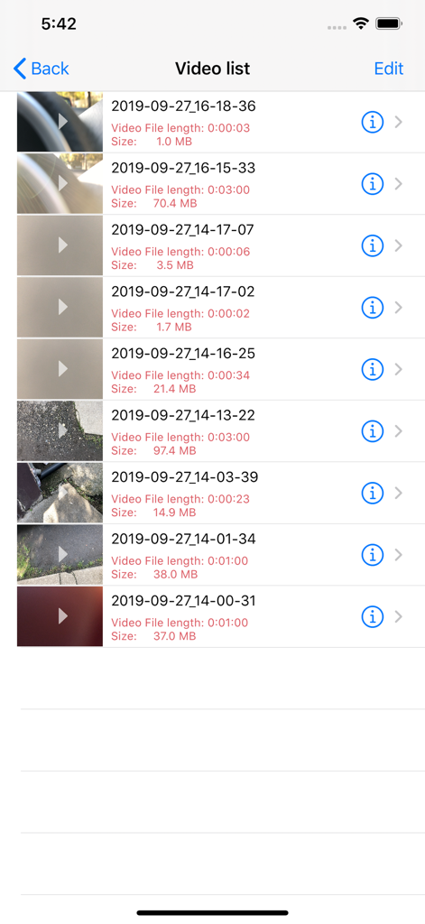 A list of recorded car videos with file details and timestamps