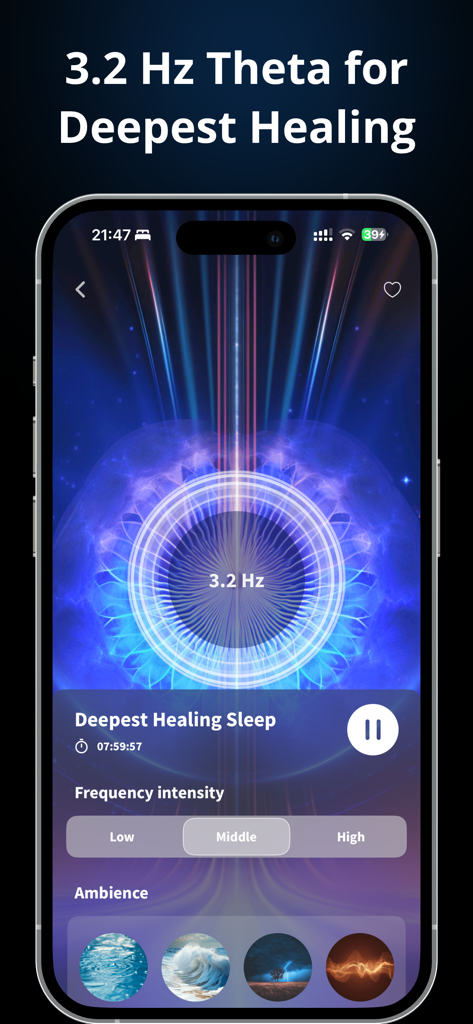 Binaural Beats Healing Sleep - Smartphone screen displaying the Binaural Beats app playing a 3.2 Hz Theta wave for deep healing sleep with sound customization options.