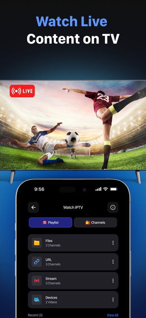 Flujo: Screen Control - Flujo app interface showing live sports streaming and IPTV playlist management for casting content to a smart TV.