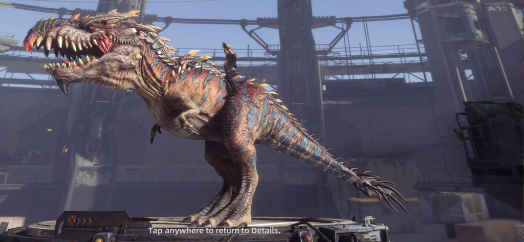 A giant armored T Rex dinosaur with a human rider in a futuristic hangar