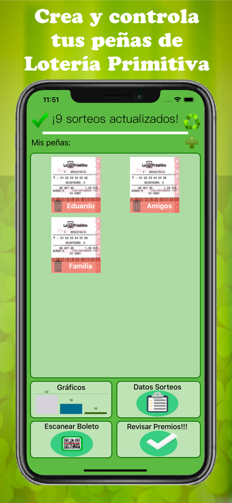 SoloPrimitiva app dashboard showing lottery pool management and ticket scanning options.