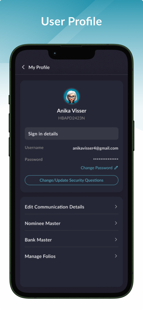 User profile screen of the smarT Investor app displaying account details and security settings
