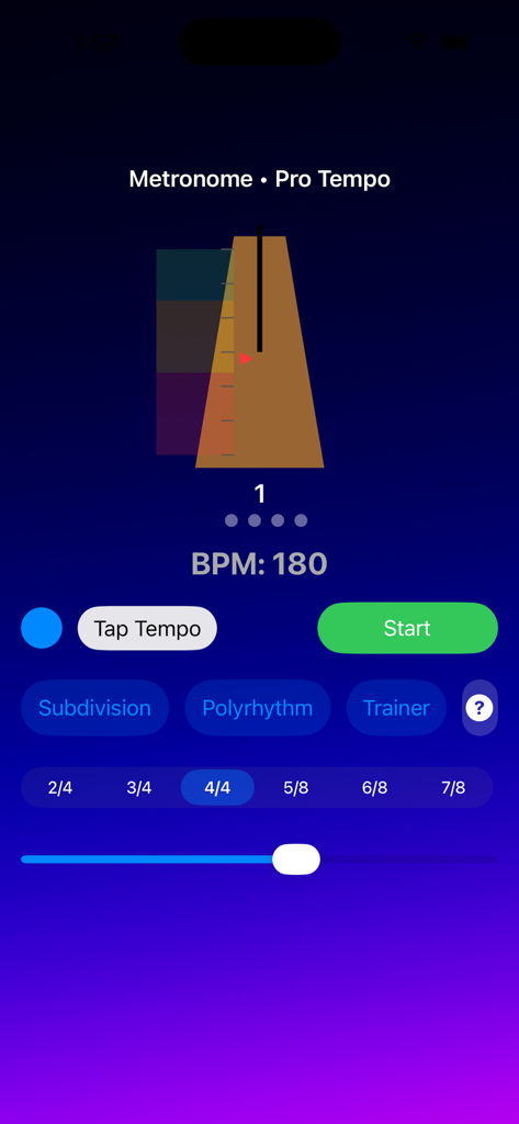 Main interface of Metronome Pro Tempo app showing 180 BPM and 4/4 time signature