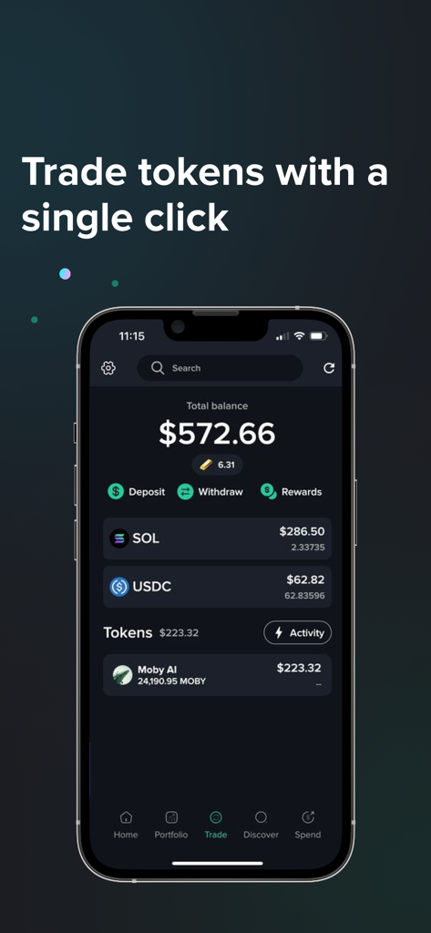 AssetDash: Portfolio Tracker - AssetDash app Trade tab showing total balance and cryptocurrency holdings like SOL and USDC