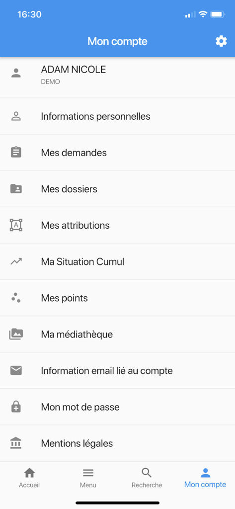 User account profile screen of the Garance mobile app showing personal information and benefit menu options