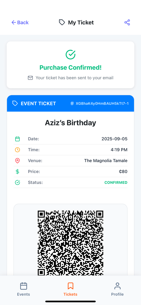 Tikiti - Confirmed digital event ticket with QR code for entry on the Tikiti app