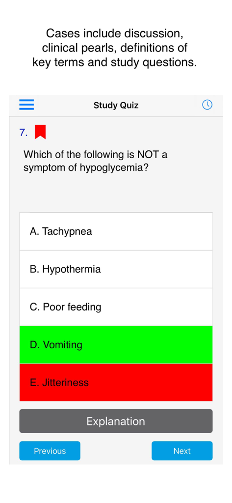 Case Files Pediatrics, 6e - A multiple choice medical quiz question about hypoglycemia symptoms in the Case Files Pediatrics mobile app