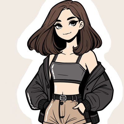 a realistic girl with a crop top and short shorts in an open jacket