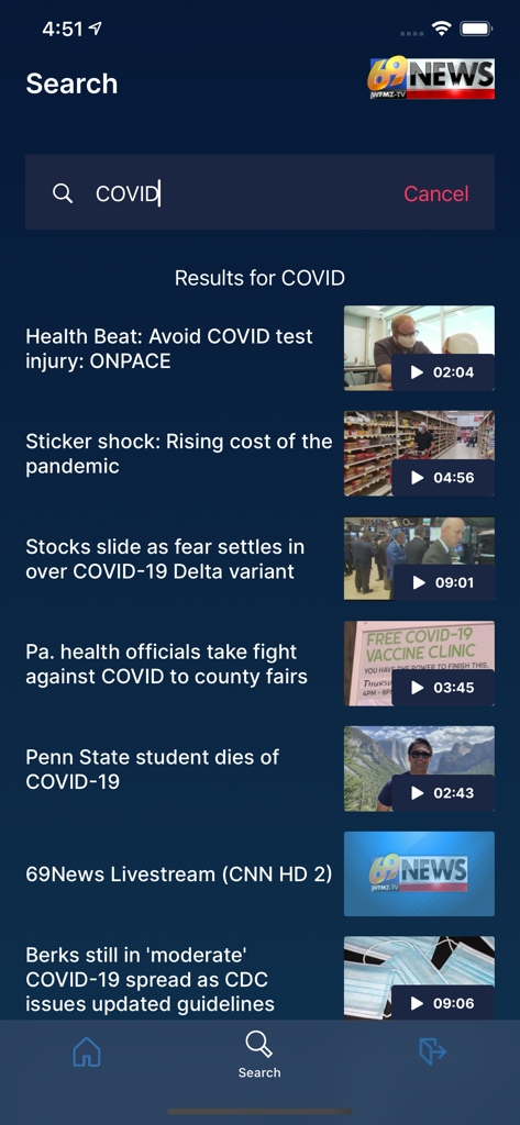 WFMZ plus app search results screen for local news updates