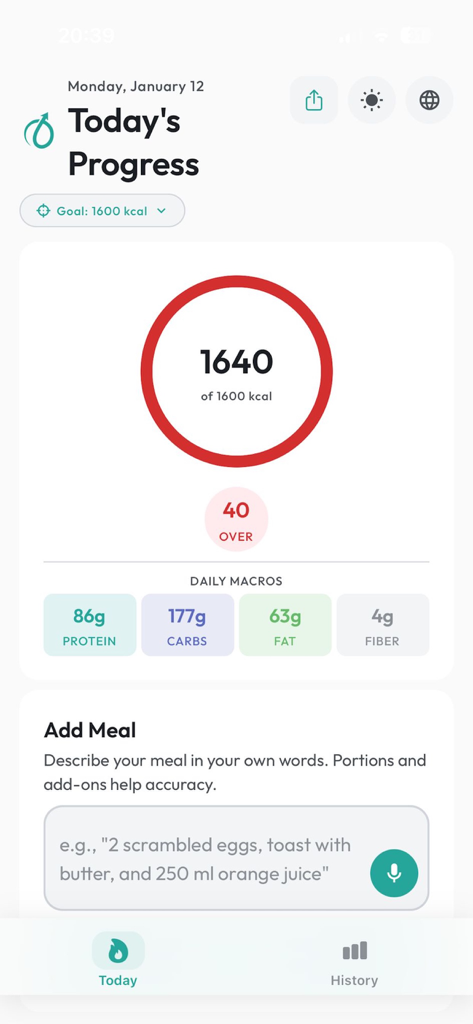 Mobile app dashboard showing daily calorie goal progress macronutrients and voice food logging feature
