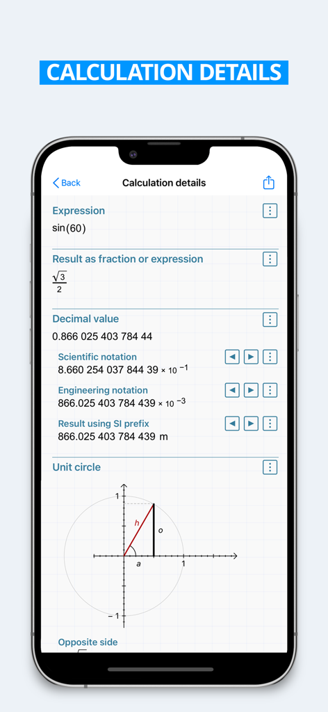 Detailed calculation screen of HiPER Scientific Calculator showing trigonometry results and a unit circle graph