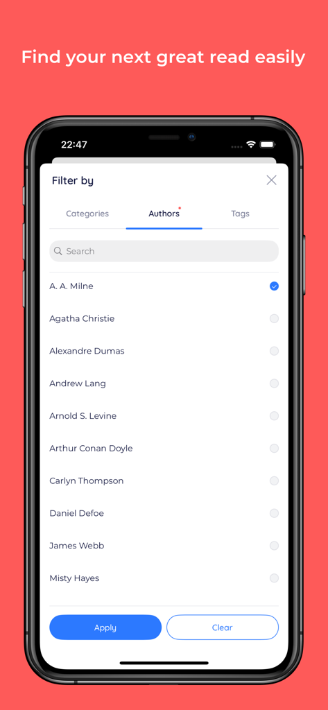 BookFusion app interface showing a list of authors for filtering an ebook collection