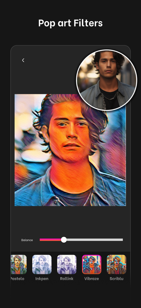 Sketch effect black and white - Interfaz de aplicación móvil que muestra un vibrante filtro pop art aplicado a un retrato con varias opciones de filtro artístico debajo.