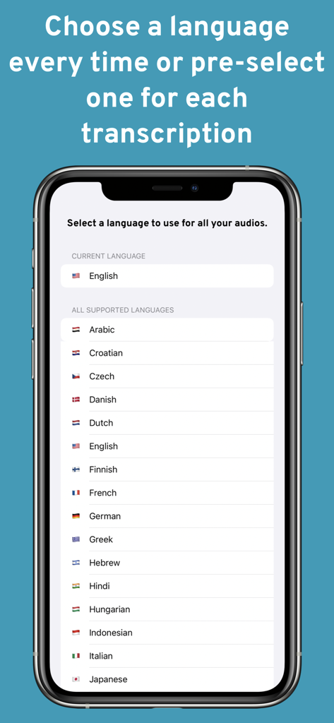 transcriptor for WhatsApp - Tela de seleção de idioma no Transcritor para WhatsApp mostrando uma lista de idiomas suportados para conversão de áudio em texto.