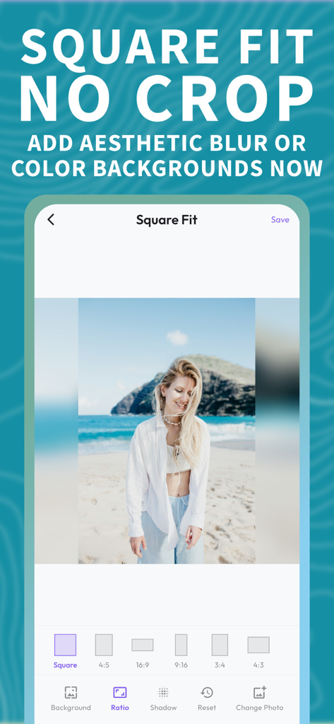 Mobile app interface showing the Square Fit and No Crop feature for social media photos with a blurred background